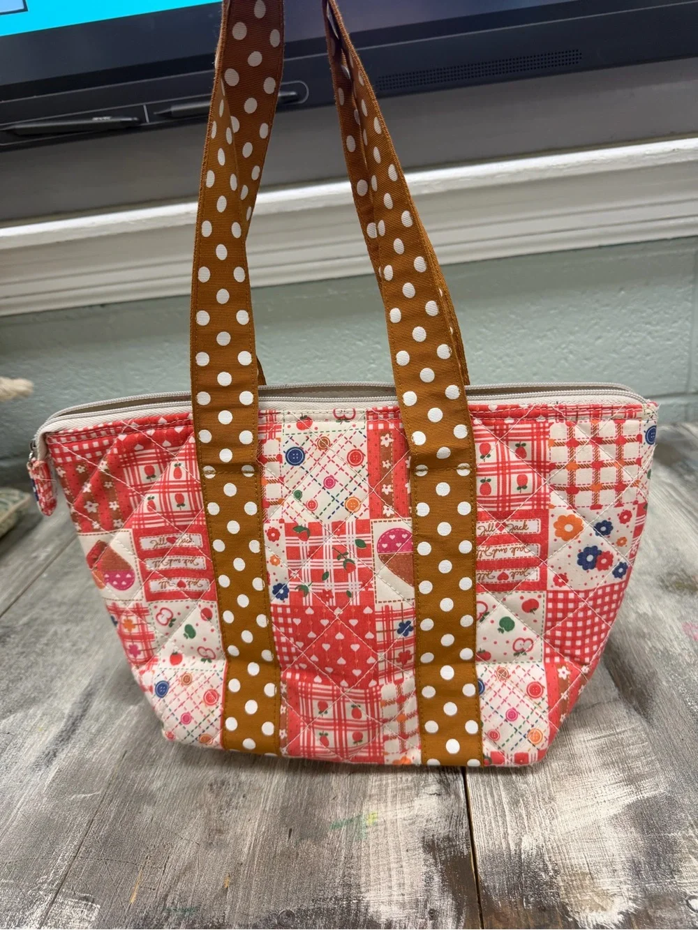 Red Patchwork Western Boho Tote with‎ Brown Polka-Dot Handles